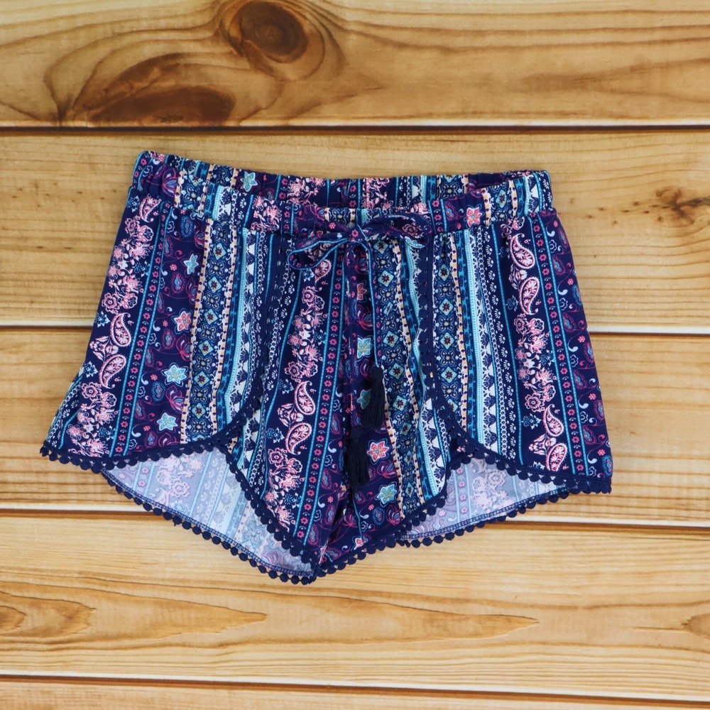 Young USA Shorts Womens Sz S Blue Colorful Floral Boho Elastic‎ Waist Drawstring